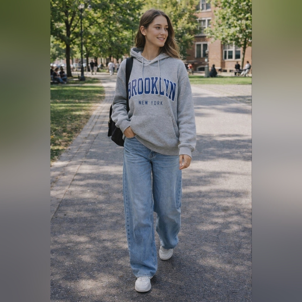 SHEIN Brooklyn New York Hoodie Women’s Small Gray Graphic Sweatshirt Casual Camp